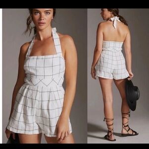 Rumer $249 Anthropologie Plaid Linen Playsuit Short Romper S Barbie Core Boho